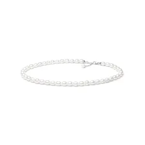 Elegant pearl necklace with evenly spaced white pearls, featuring a silver clasp and adjustable chain. Perfect for formal occasions.